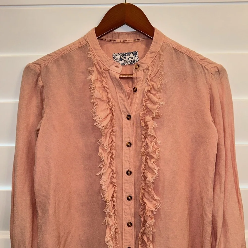 Anthropologie Pilcro linen blend Ruffled Placket Shirt peach - Picture 11 of 13